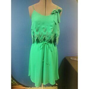 Green Sleeveless Spaghetti Strap Dress With Lace Overlay & Bow Detail By George